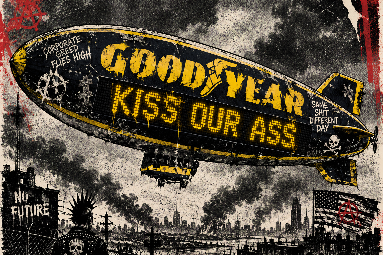 Dystopian punk illustration — Goodyear blimp with anarchist graffiti over a ruined cityscape