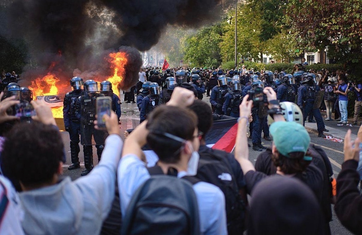 Street protest scene, France October 2026