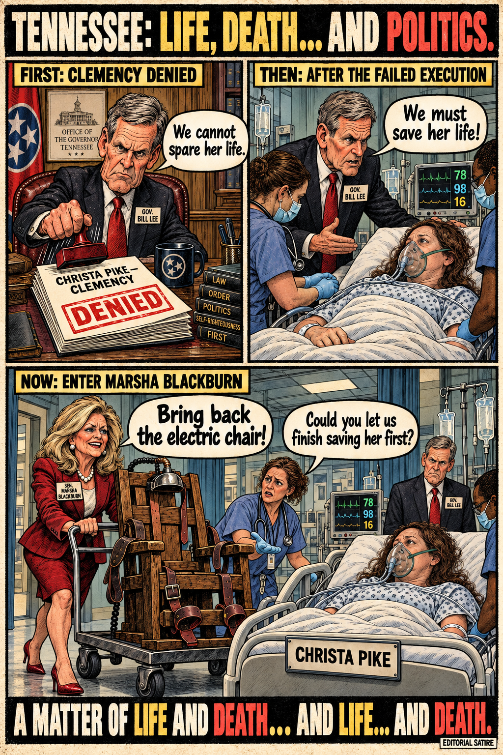 Political cartoon: Tennessee execution chamber — Christa Pike on a gurney, two empty syringes, and an ambulance arriving at the prison gate