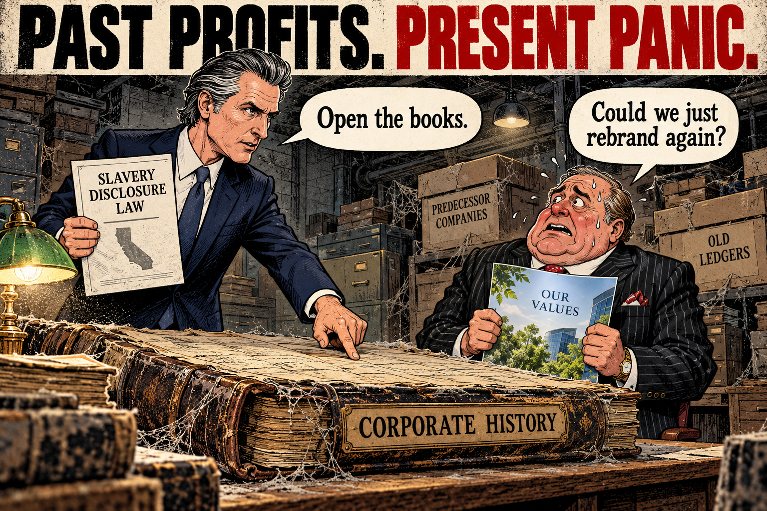 Political cartoon: Gavin Newsom at a podium ordering California corporations to disclose their historical ties to slavery, while executives squirm behind a wall of redacted documents