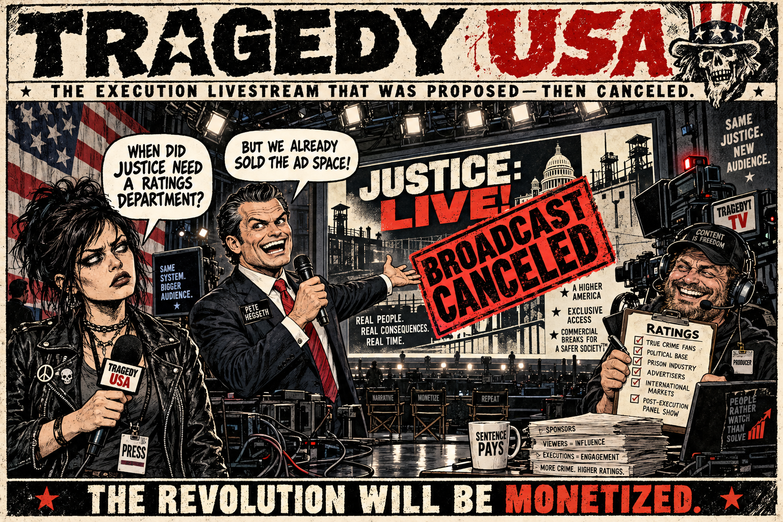 Political cartoon: a state official at a podium announcing the cancellation of a live-streamed execution, while a crowd with phones and cameras looks on in disbelief