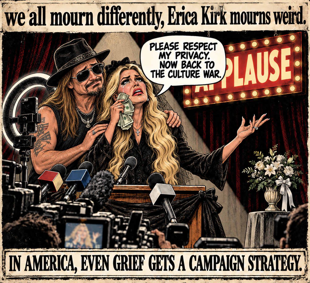 Political cartoon: Erica Kirk performing an elaborate public mourning ritual — weeping at a podium, surrounded by cameras and reporters, while a grief consultant whispers stage directions in her ear