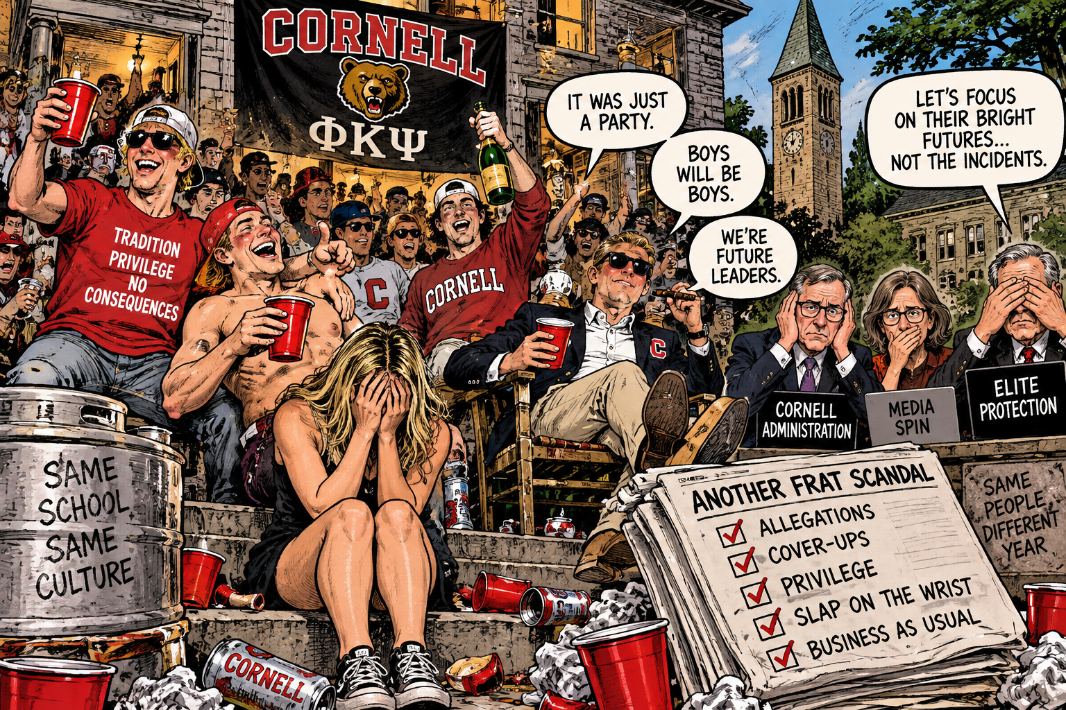 Political cartoon: Cornell fraternity scandal — Greek letters, a gavel, and the machinery of institutional cover-up