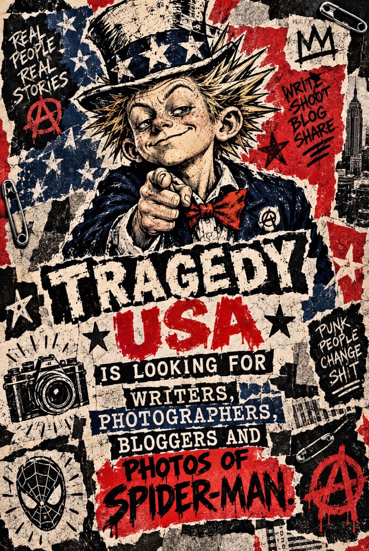 Tragedy USA is looking for writers, photographers, bloggers and photos of Spider-Man — punk recruitment poster