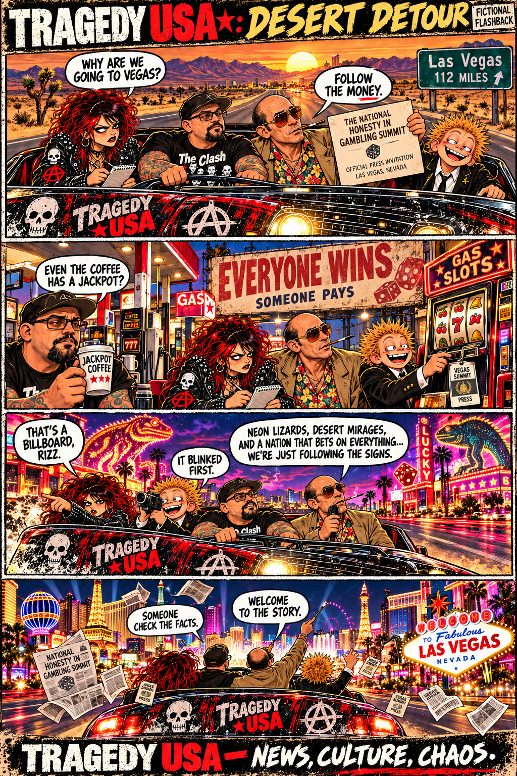 Tragic Tales: Desert Detour — the Tragedy USA crew road-trips to Las Vegas for the National Honesty in Gambling Summit. Four panels: desert highway, gas station slots, neon lizard billboard, and arriving on the Strip with papers flying.